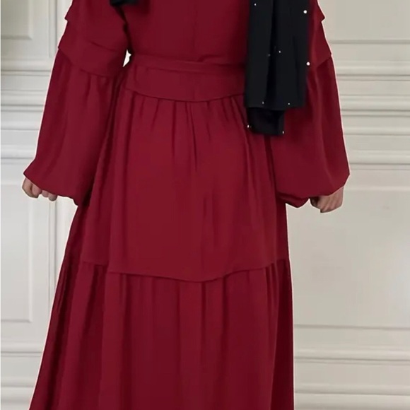 Lantern Sleeve Tiered Kaftan Dress, Elegant Tie-waist Maxi Length Dress - Picture 2 of 4